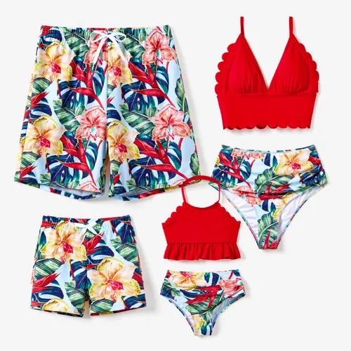 Family Matching Floral Drawstring Swim Trunks or Ruched Shell Edge Bikini with Optional Swim Cover Up