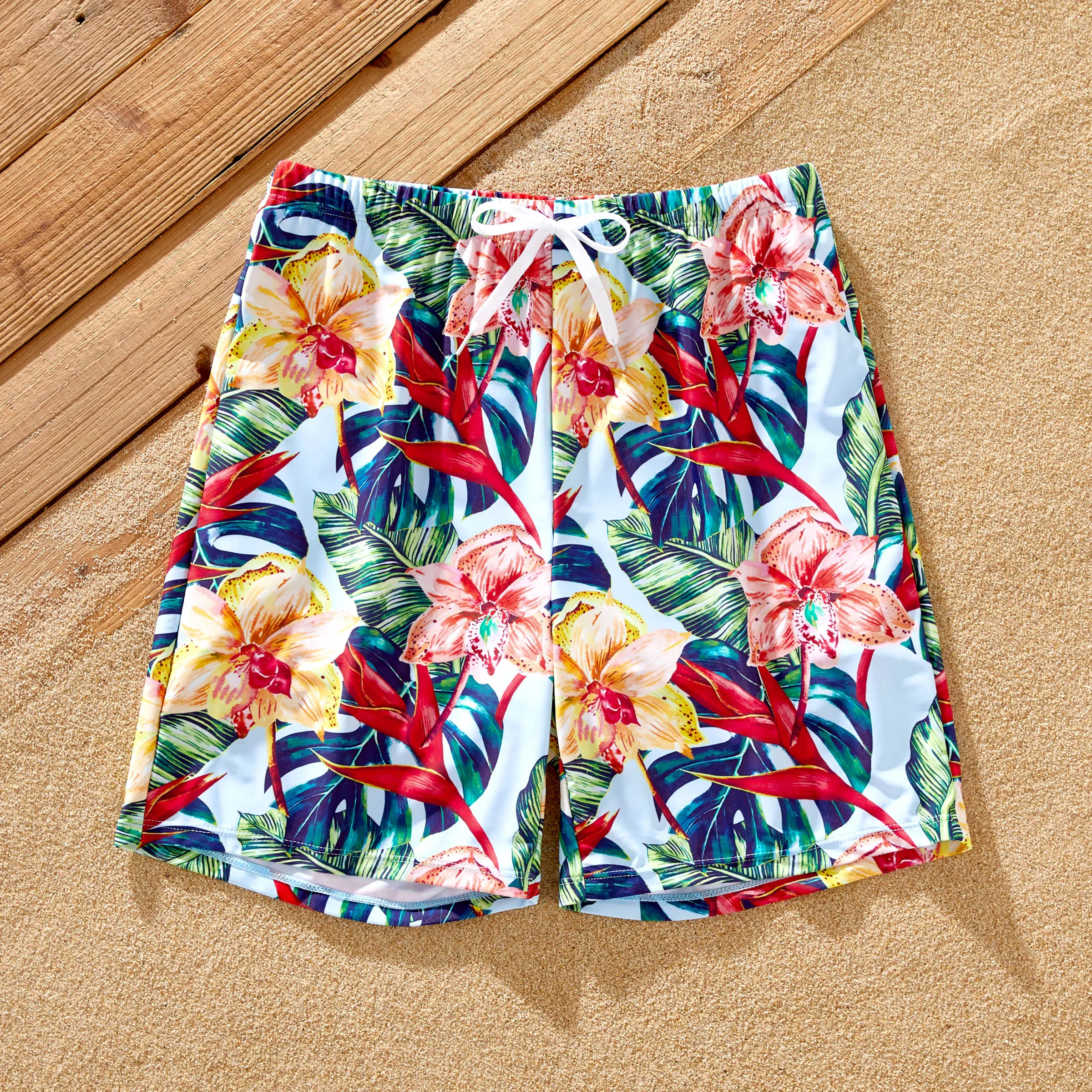 Family Matching Floral Drawstring Swim Trunks or Ruched Shell Edge Bikini with Optional Swim Cover U
