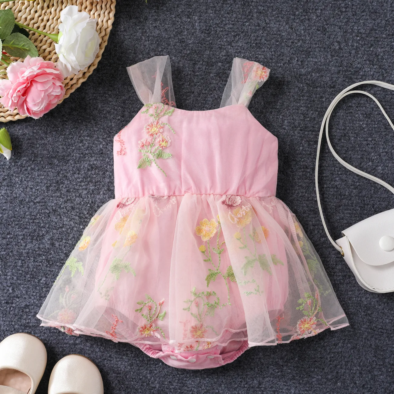 Baby Girl Sweet Multi-layered Design Plants and Floral Pattern Romper  Pink big image 1