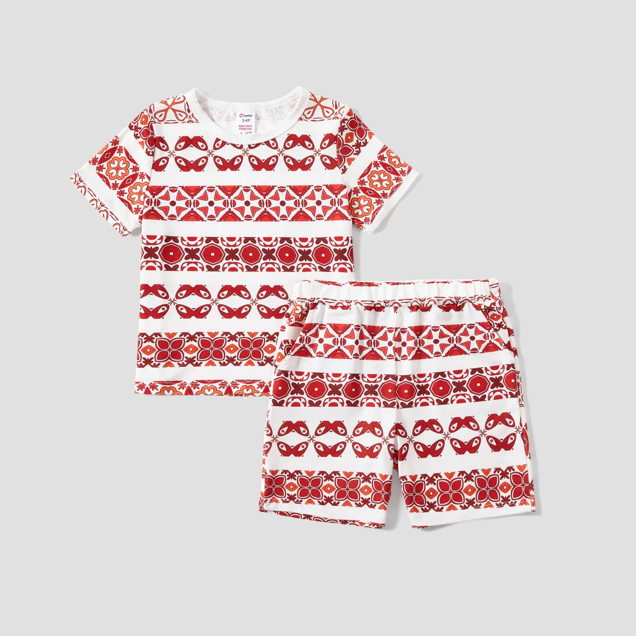 Family Matching Fair Isle Printed Short-Sleeve Top and Pocketed Shorts Pajamas Sets (Flame Resistant) Red big image 1