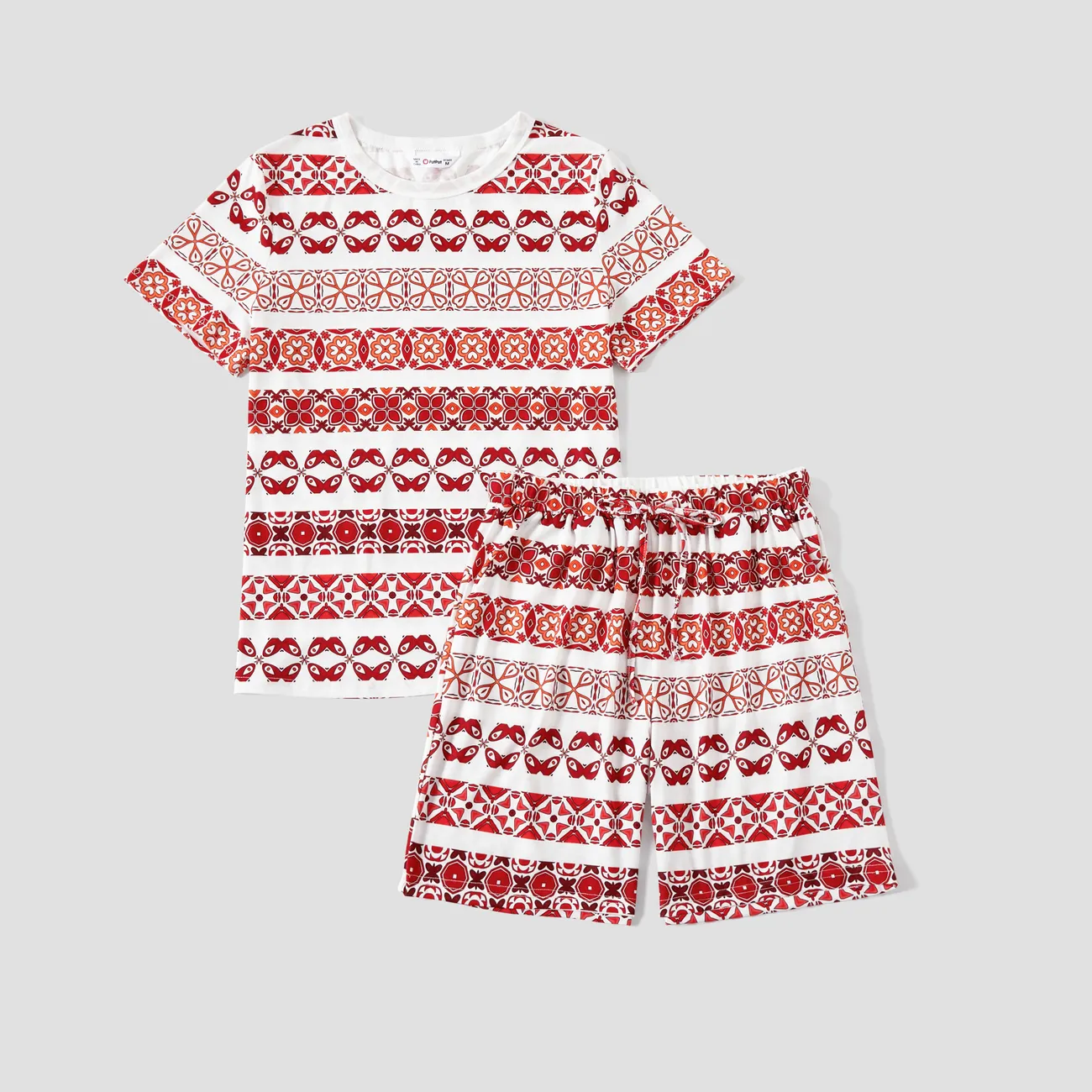 Family Matching Fair Isle Printed Short-Sleeve Top and Pocketed Shorts Pajamas Sets (Flame Resistant) Red big image 1