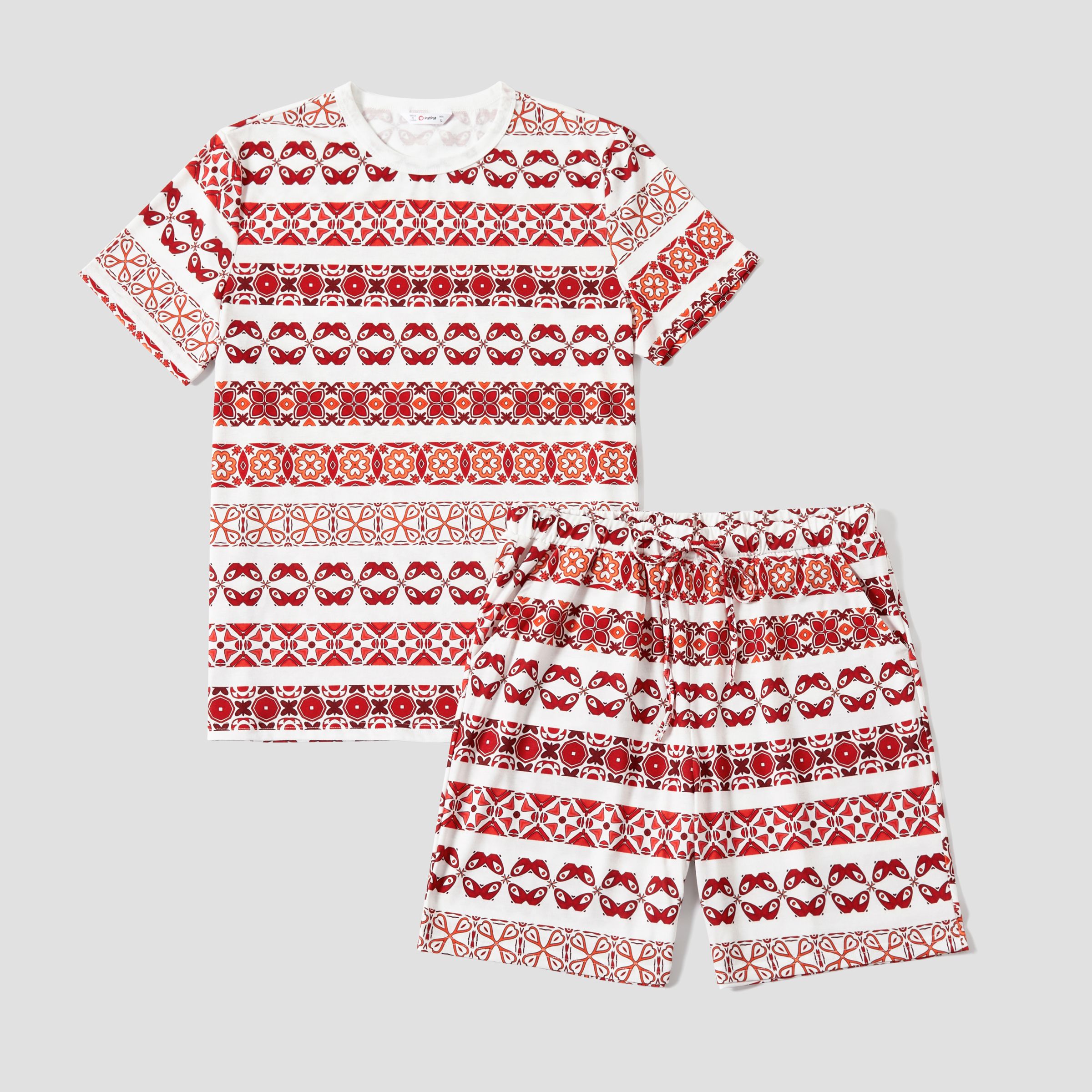 Family Matching Fair Isle Printed Short-Sleeve Top and Pocketed Shorts Pajamas Sets (Flame Resistant