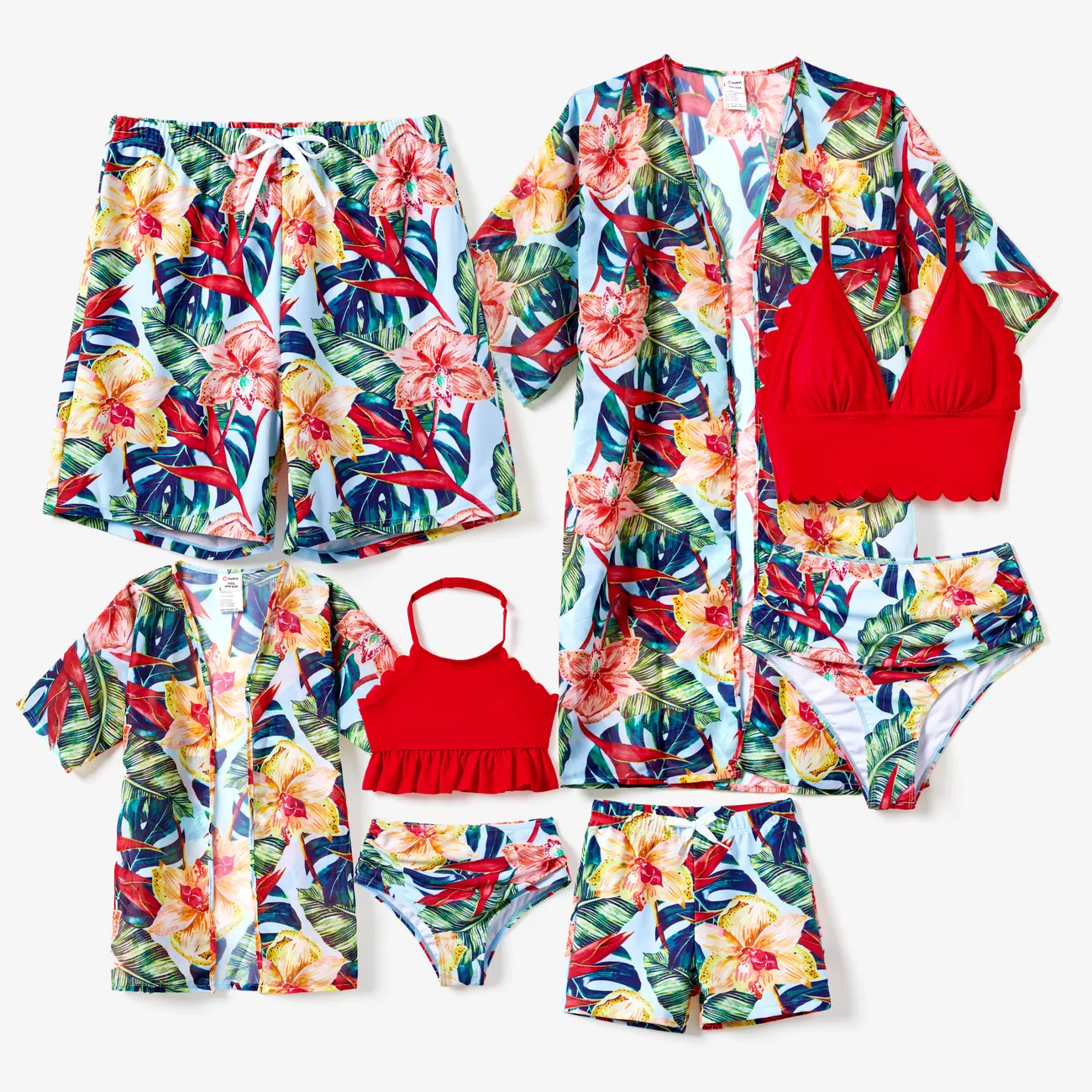 ملابس السباحة إطلالة العائلة للجنسين حافة كشكشة النباتات والزهور أحمر big image 1