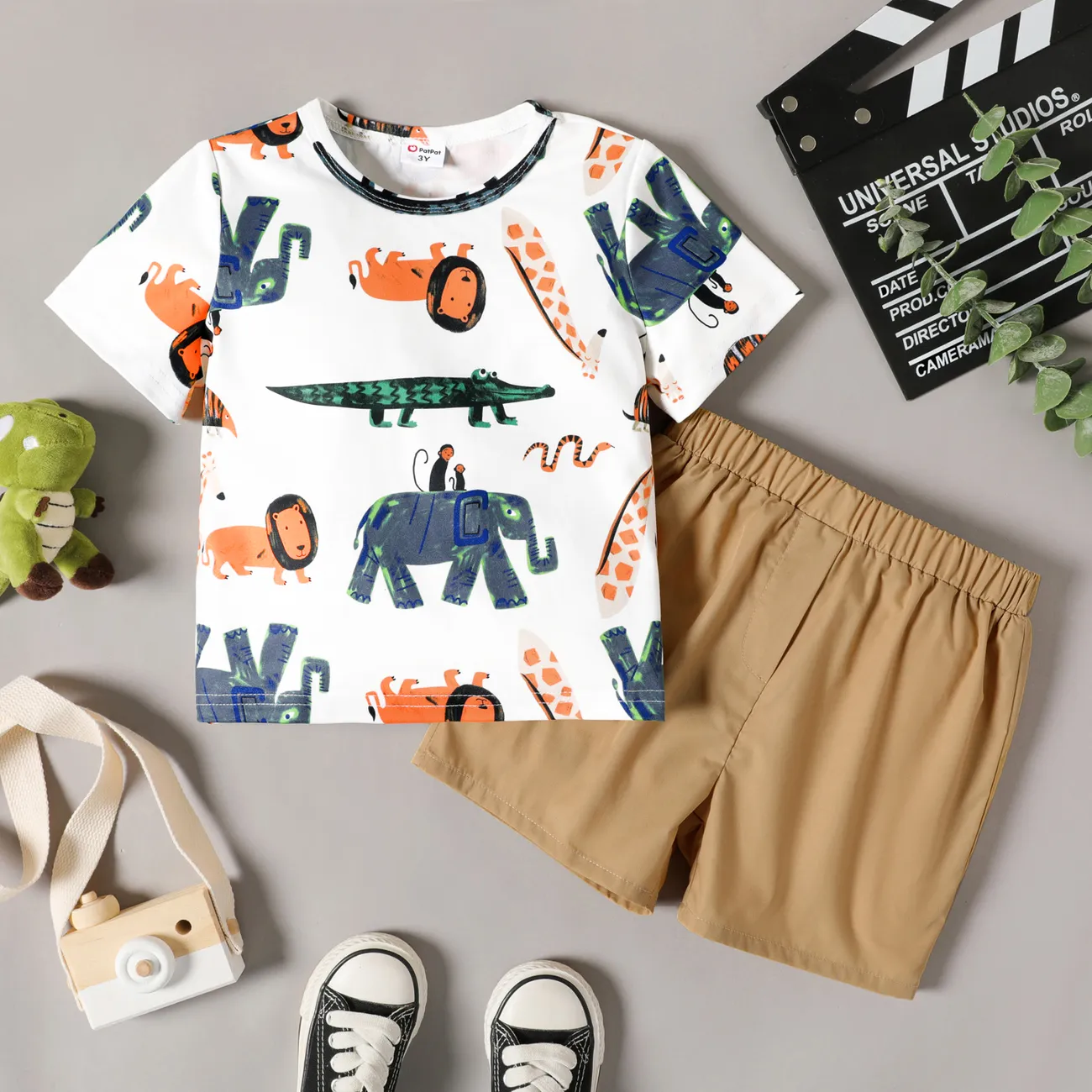 2-piece Toddler Boy Animal Print Short-sleeve Tee and Elasticized Khaki Shorts Set Multi-color big image 1