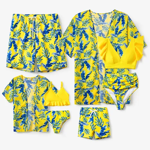 Family Matching Yellow Leaf Print Swim Trunks or Ruched Flutter Sleeve Bikini with Optional Swim Cover Up