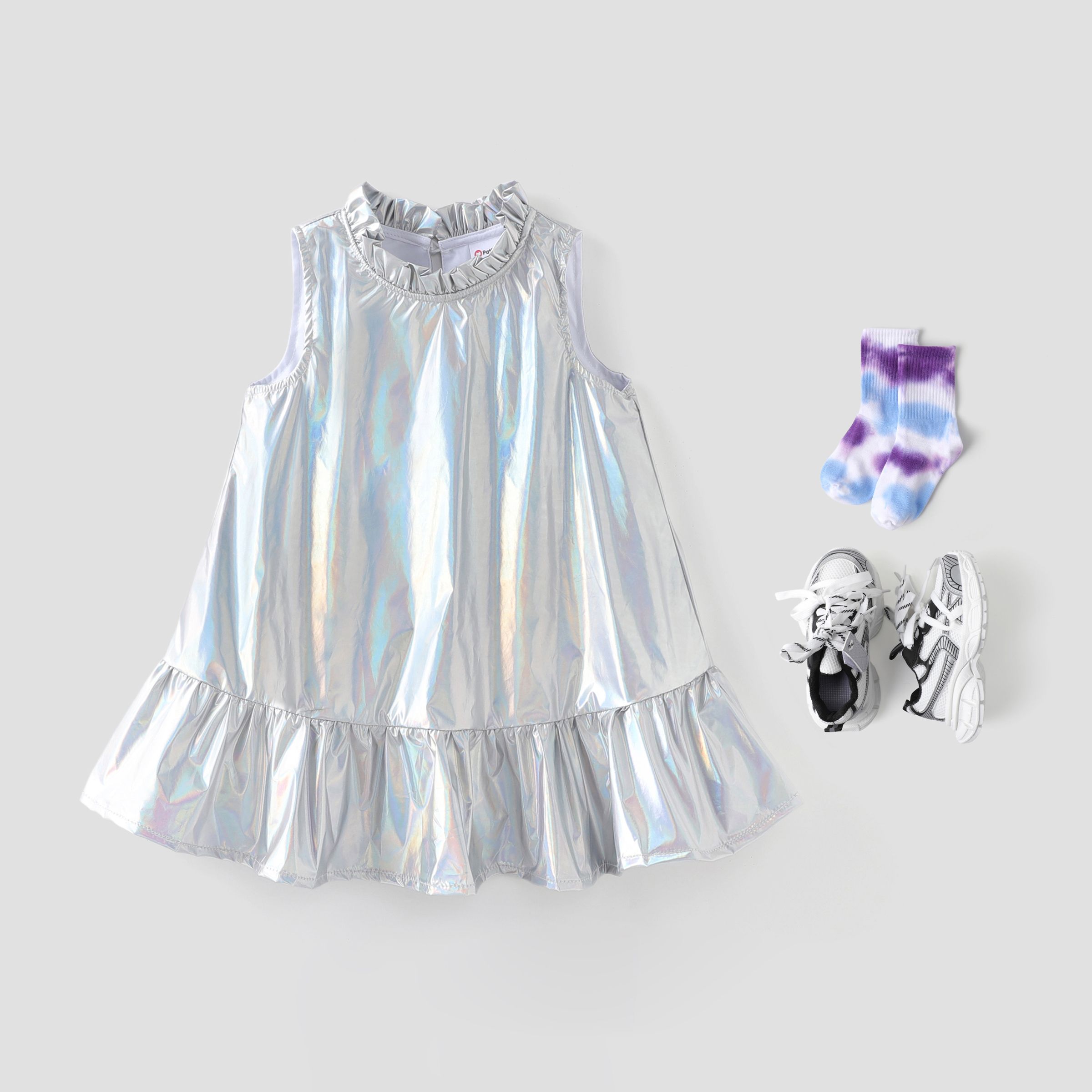 

Toddler Girl Laser Fabric Ruffled Dress/ Tie-Dye Socks/ Sports Shoes