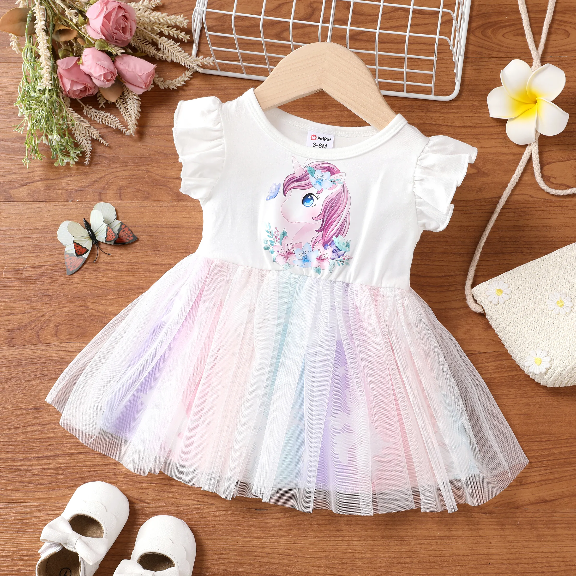 獨角獸荷葉邊嬰兒連衣裙，彩色網眼，1 件，甜美風格，無袖，滌綸/氨綸混紡