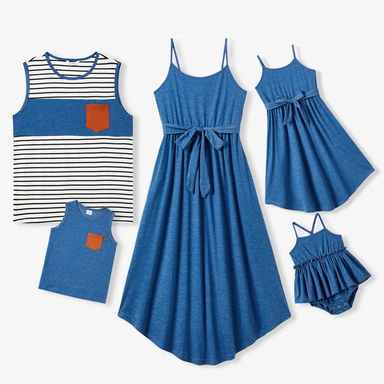 Family Matching Stripe Sleeveless T-shirt and Cami A-line Belted Dress Blue big image 1