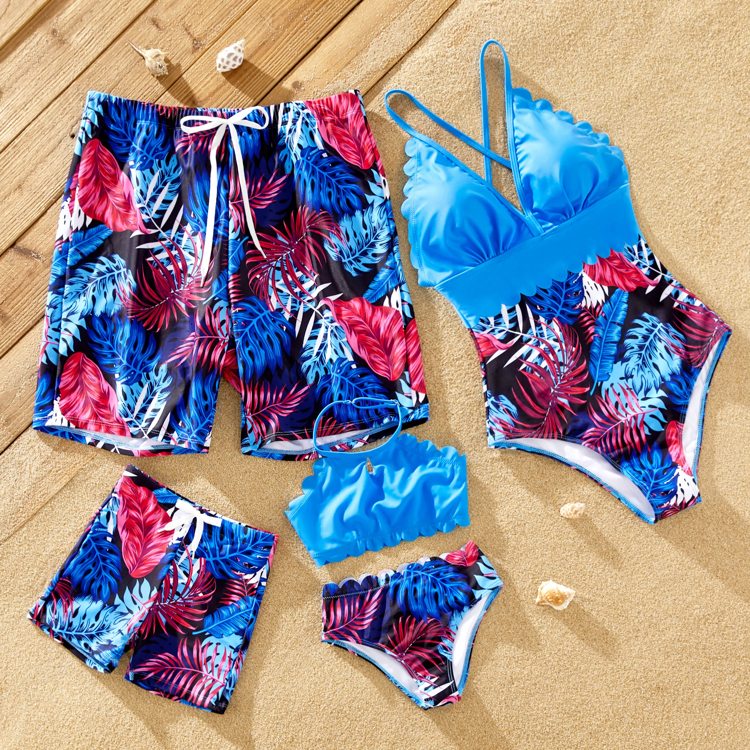 

Family Matching Blue Floral Drawstring Swim Trunks or Shell Trim Spliced One-Piece Swimsuit