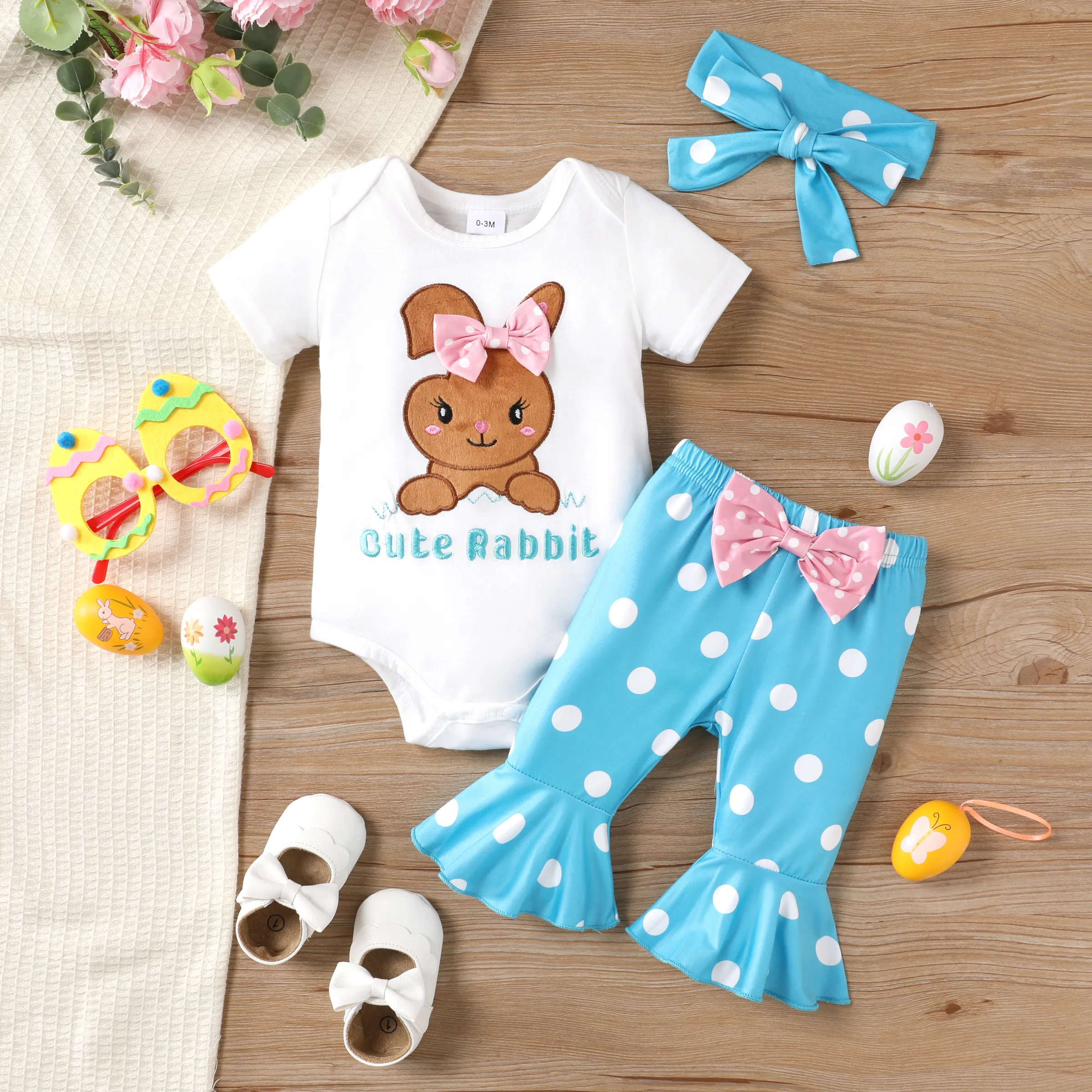 Baby Girls'  Easter Animal Pattern Bunny Embroidered Bodysuits and Ruffle Edge Pants Headband Set