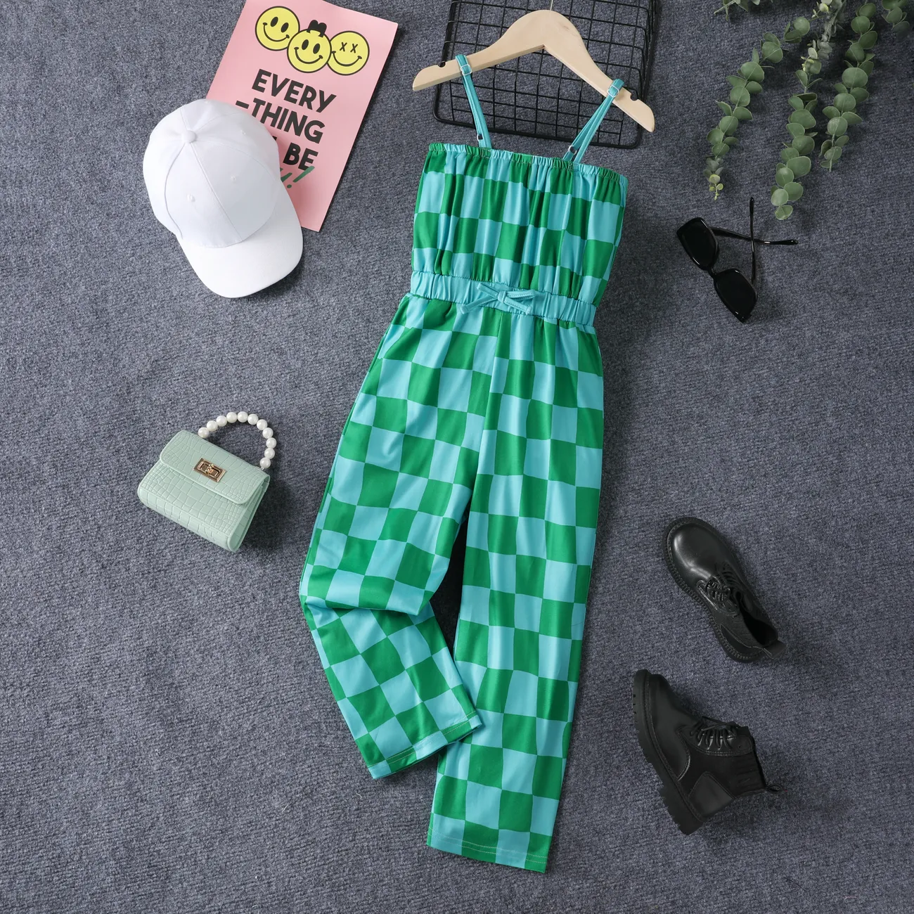 Kid Girl's Casual Wear Grid Houndstooth Jumpsuit Green big image 1