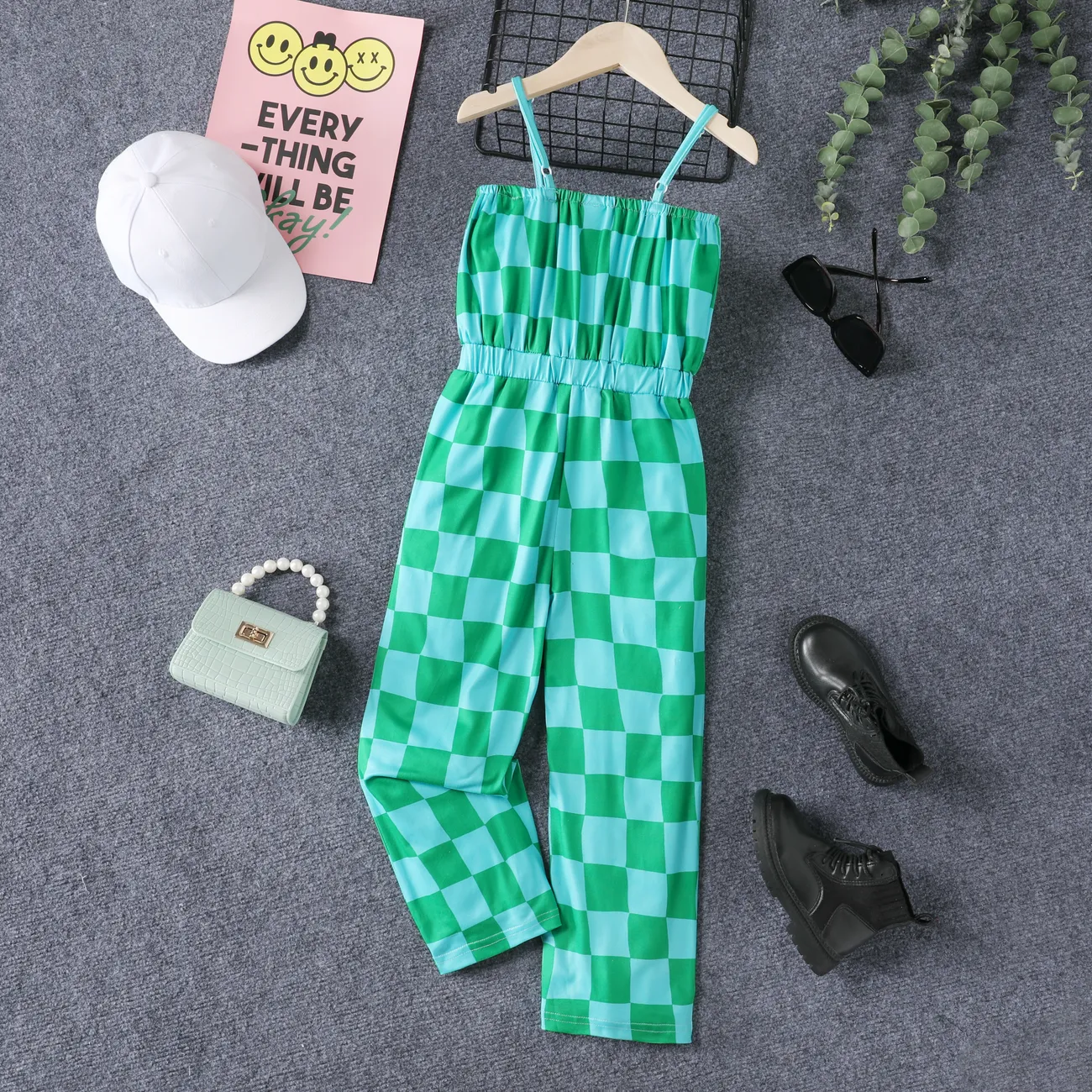 Girl's Grid 千鳥格連身褲，滌綸氨綸混紡，適合休閒穿著 綠色 big image 1