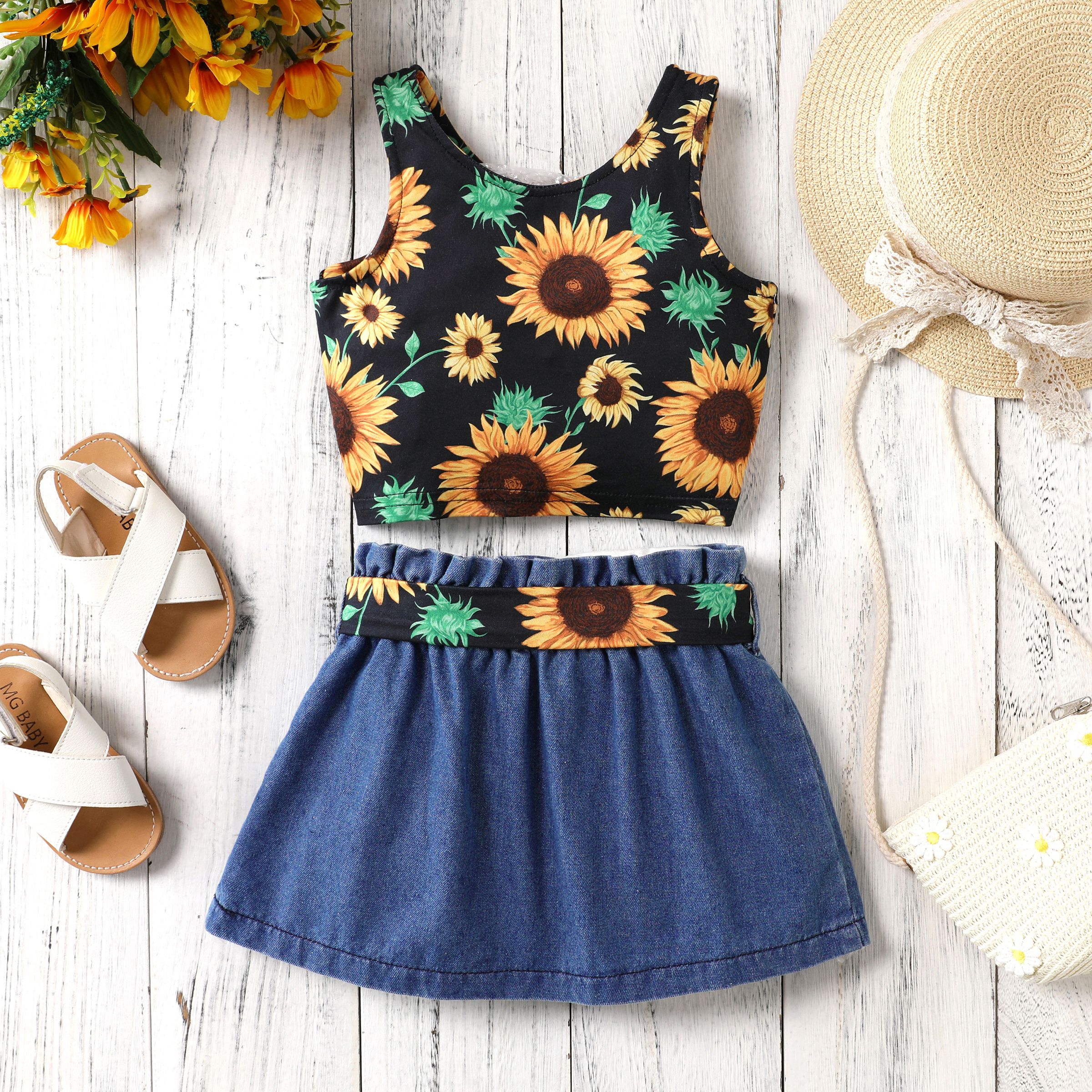 2pcsToddler Girl Sweet Sunflower Dress Set with Ruffle Edge Only 22.99 PatPat US Mobile