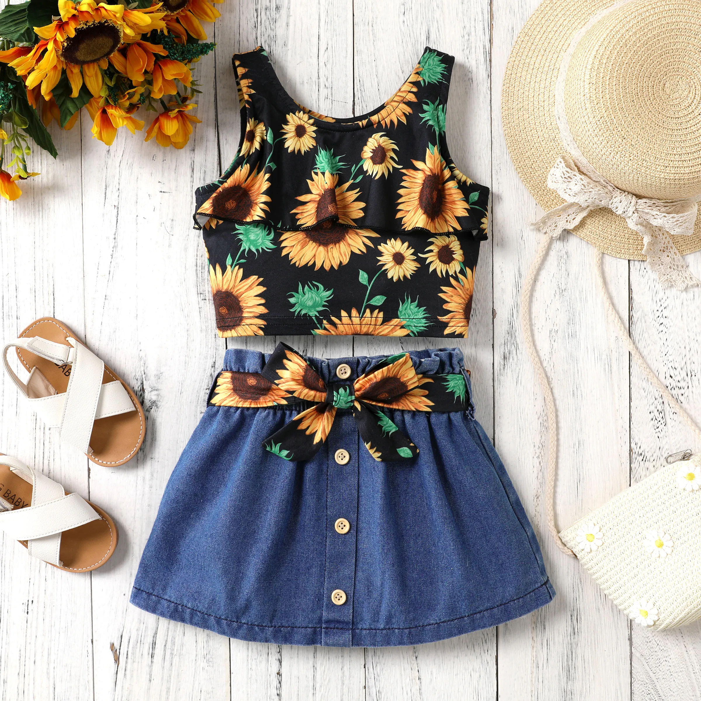 2pcsToddler Girl  Sweet Sunflower Dress Set with Ruffle Edge