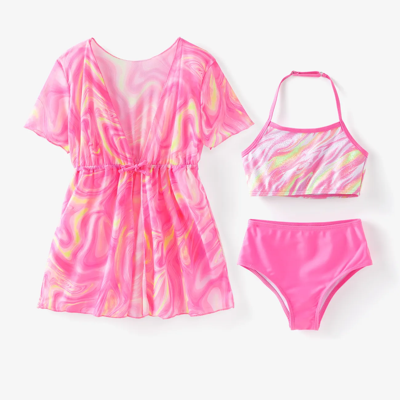 Toddler Girl 3pcs Tie-dyed Smock and Halter Neck Camisole and Shorts Swimsuits Set Pink big image 1