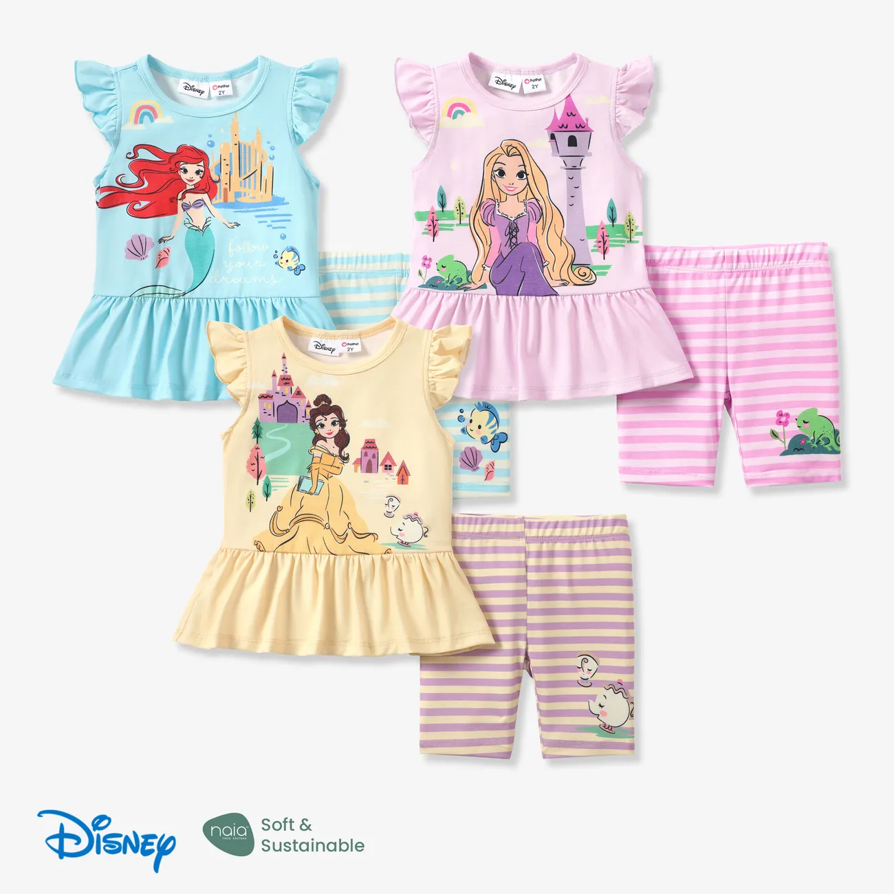 Disney Princess 2 Stück Kleinkinder Mädchen Rüschenrand Kindlich T-Shirt-Sets Blau Grün big image 1