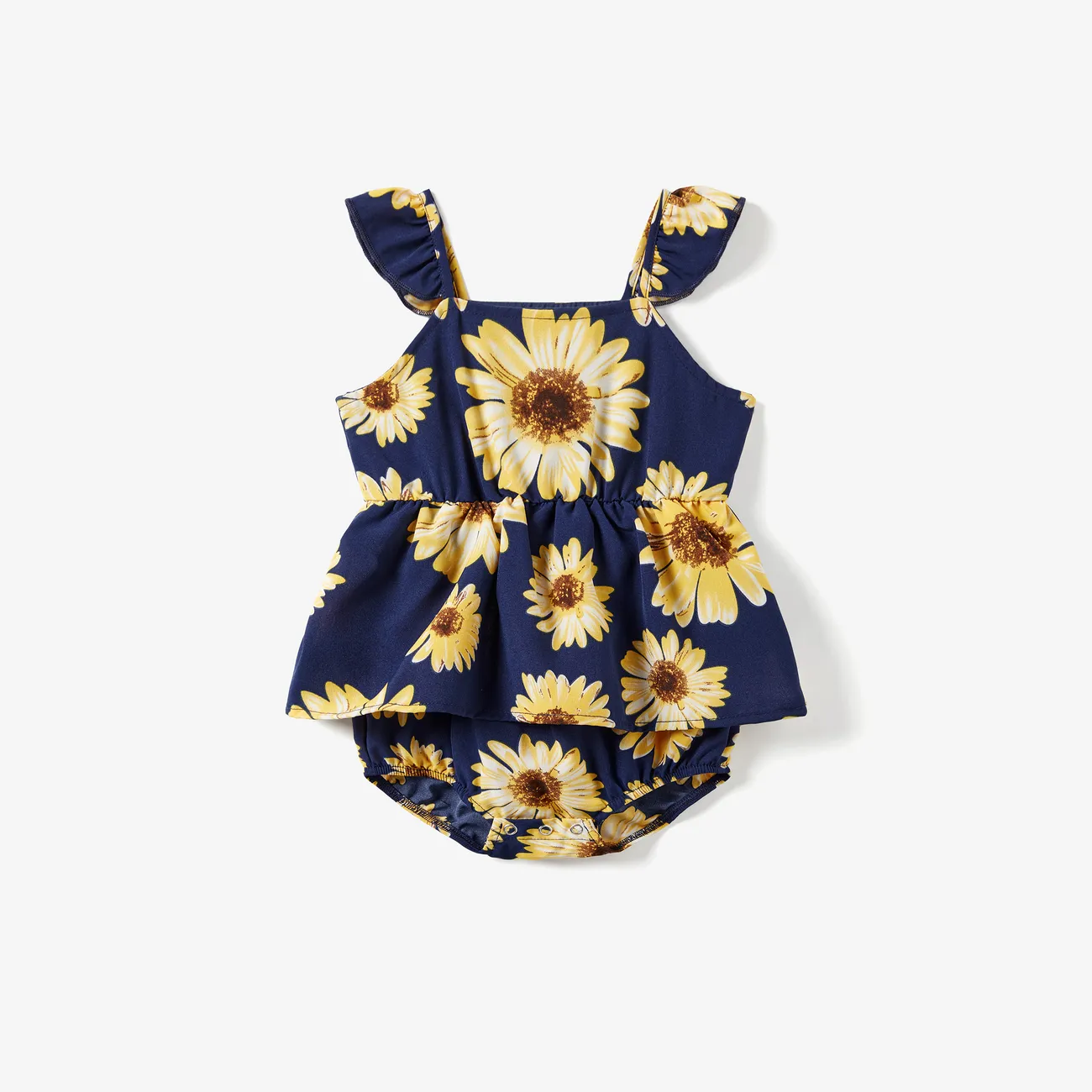 Family Matching Solid Color Tee and Sunflower Pattern Button Belted Flowy Strap Dress Sets Black big image 1