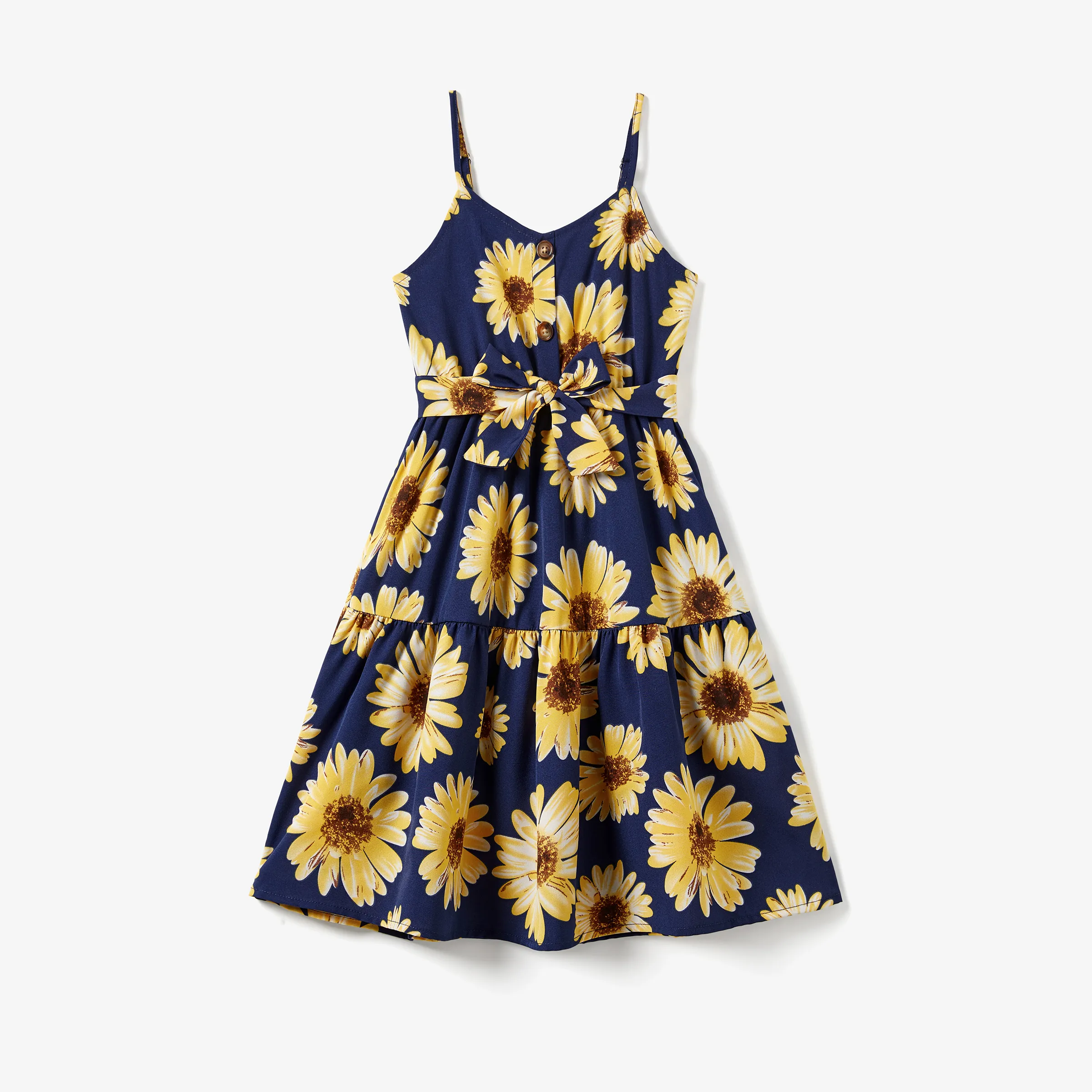 

Family Matching Solid Color Tee and Sunflower Pattern Button Belted Flowy Strap Dress Sets