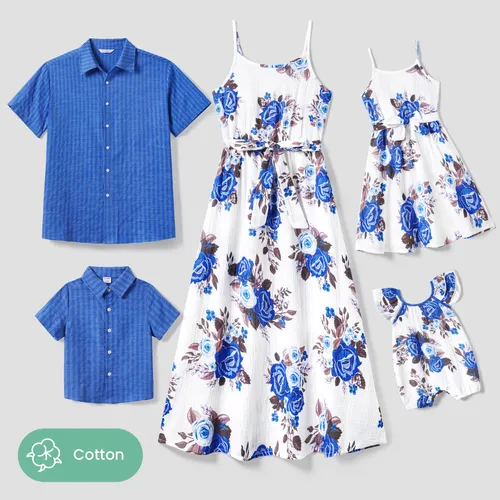 Family Matching Solid Color Shirt and Floral Cotton Strap Dress Sets