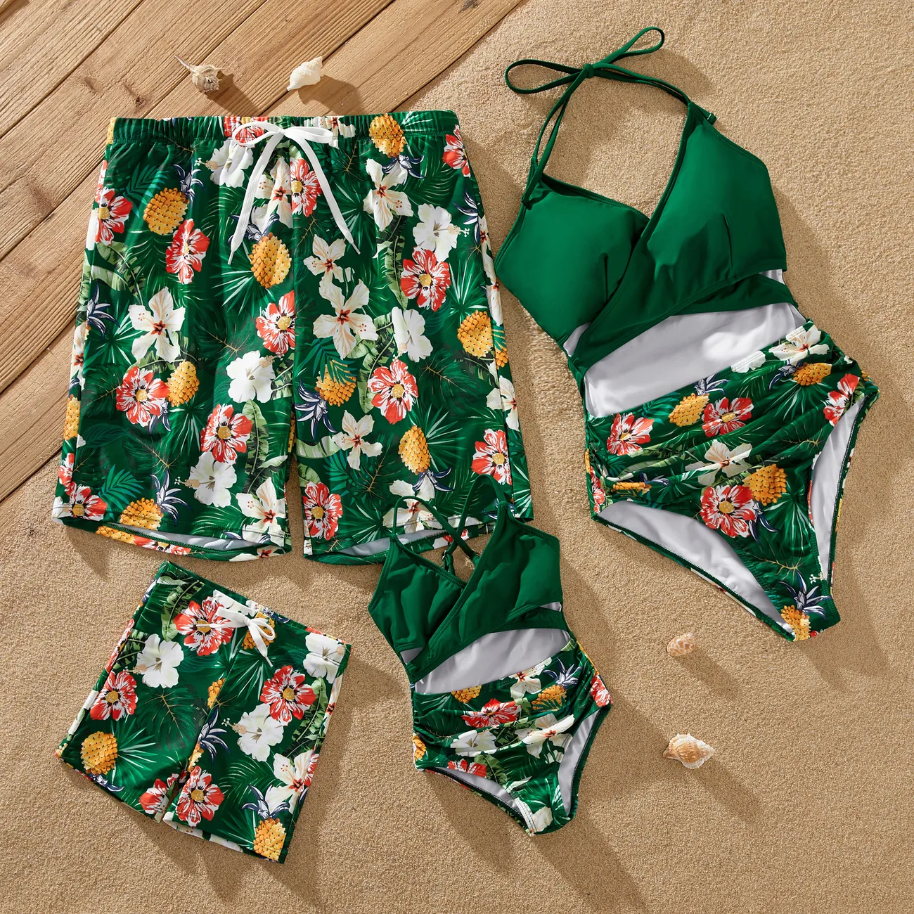 Family Matching Floral Drawstring Swim Trunks or Pineapple Pattern Halter One-Piece Swimsuit  SpringGreen big image 1
