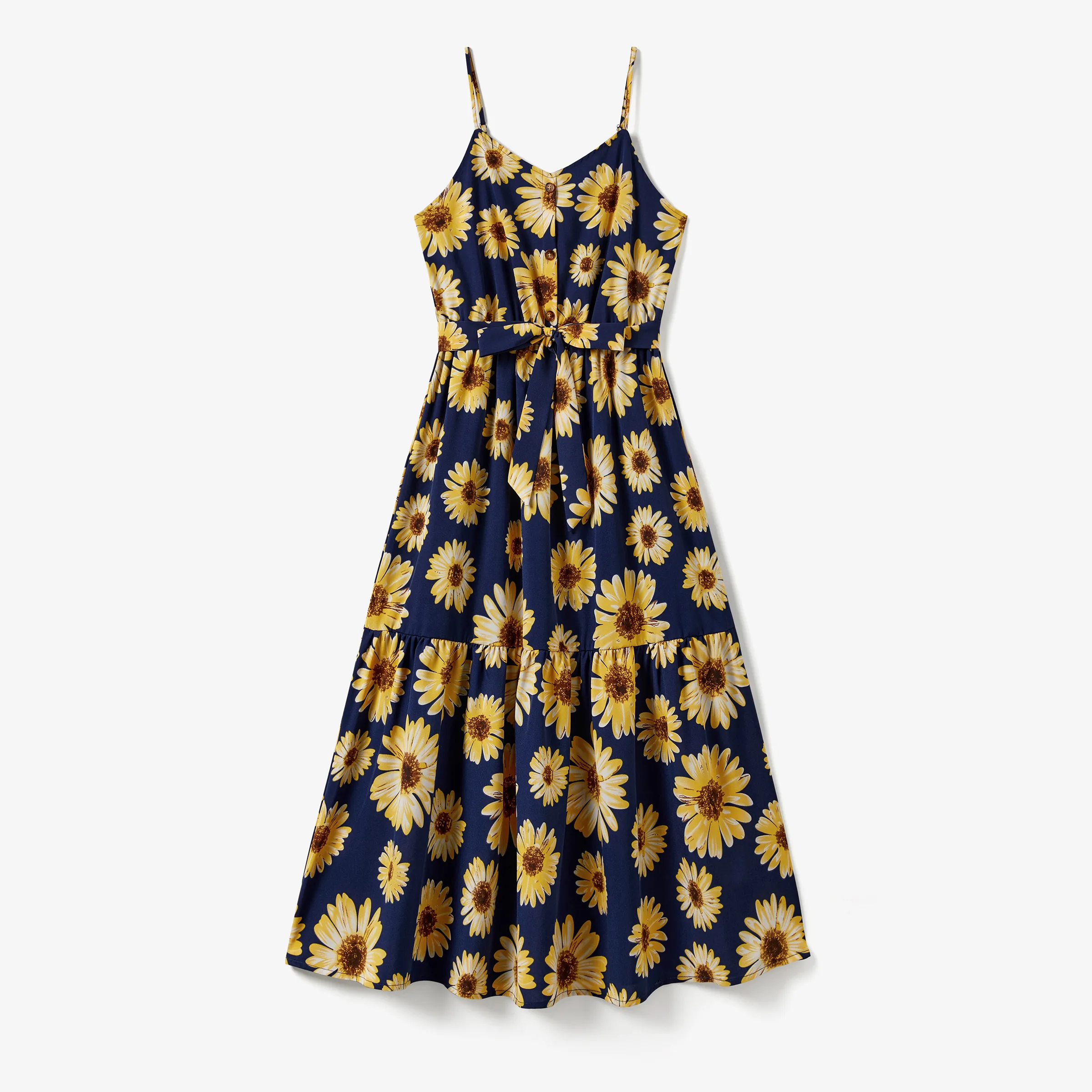 

Family Matching Solid Color Tee and Sunflower Pattern Button Belted Flowy Strap Dress Sets