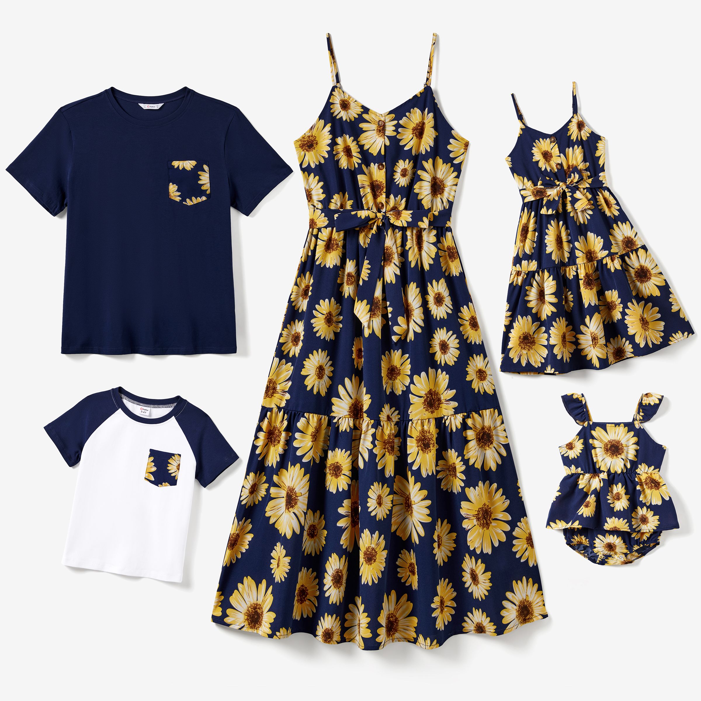 Family Matching Solid Color Tee and Sunflower Pattern Button Belted Flowy Strap Dress Sets