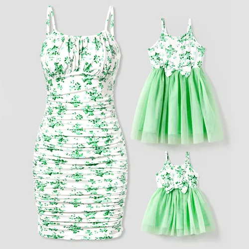 Mommy and Me Green Floral Ruched Bodycon Strap Dress or Spliced Mesh Strap Dress