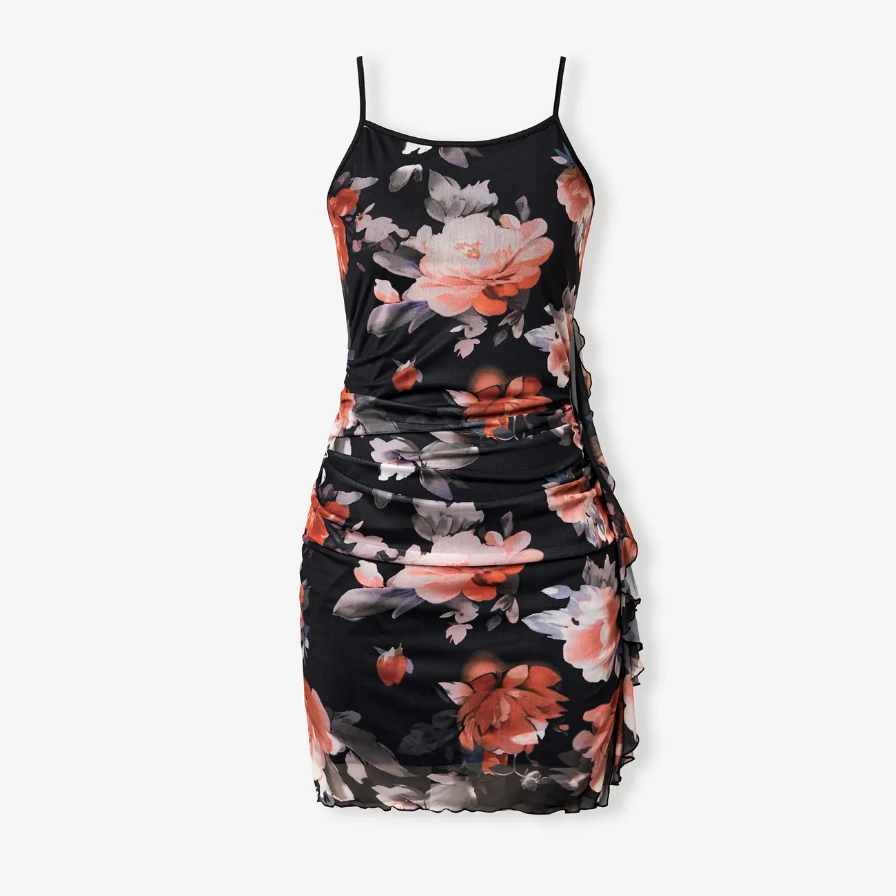 Mommy and Me Vintage Floral Mesh Bodycon Strap Dress with Ruffle Accents Side Black big image 1