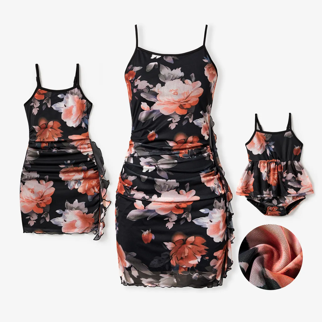 Mommy and Me Vintage Floral Mesh Bodycon Strap Dress with Ruffle Accents Side Black big image 1