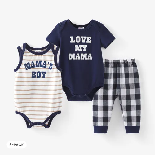 Baby Boy 3pcs Striped Romper and Letter Romper and Plaid Pants Set