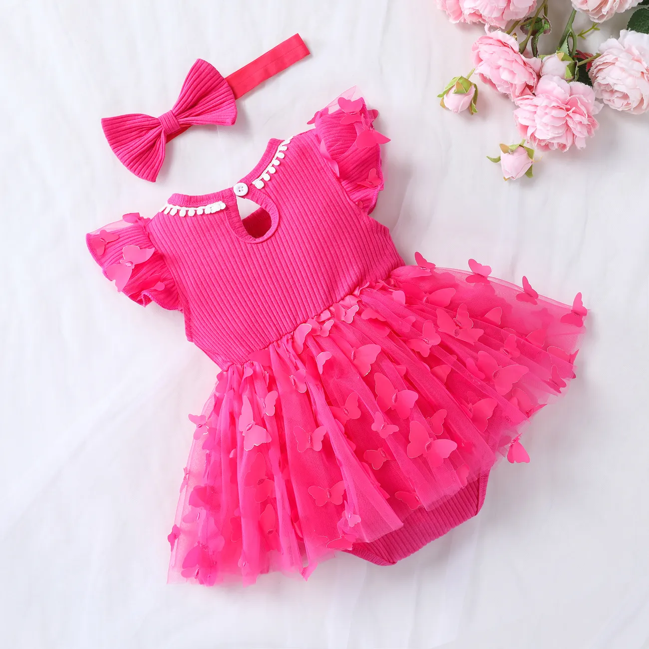 2pcs Baby Girl Sweet Mesh Solid Pink Butterfly and Ruffle Edge Dresses and Hairpin Set  Pink big image 1