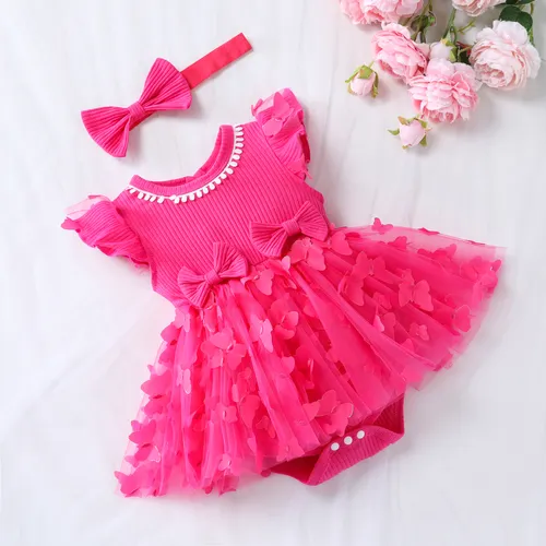 Sweet Baby Girl 2件套網眼棉質連衣裙，純粉色，蝴蝶和荷葉邊