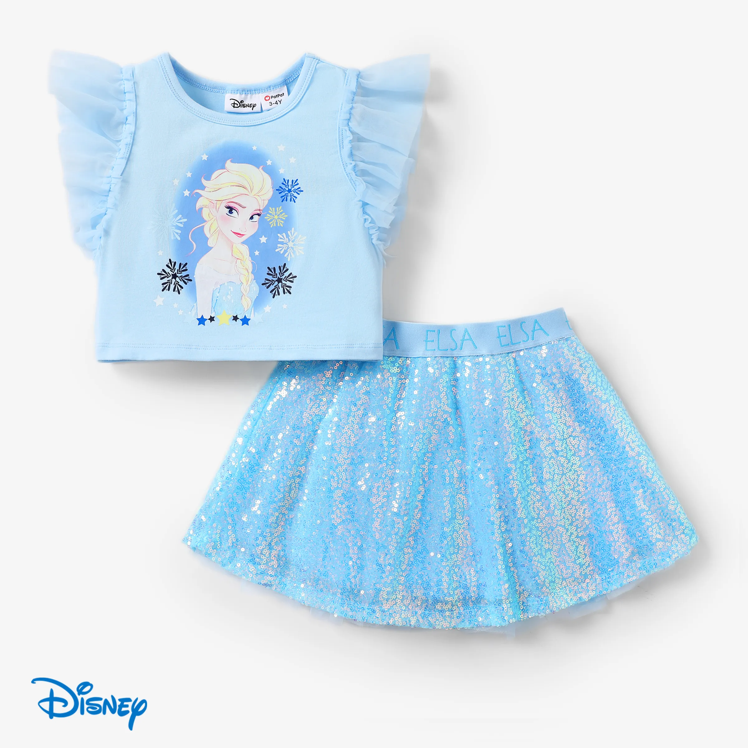 迪士尼冰雪奇緣艾爾莎 2 件套幼兒女孩角色印花荷葉邊上衣配網眼亮片半身裙