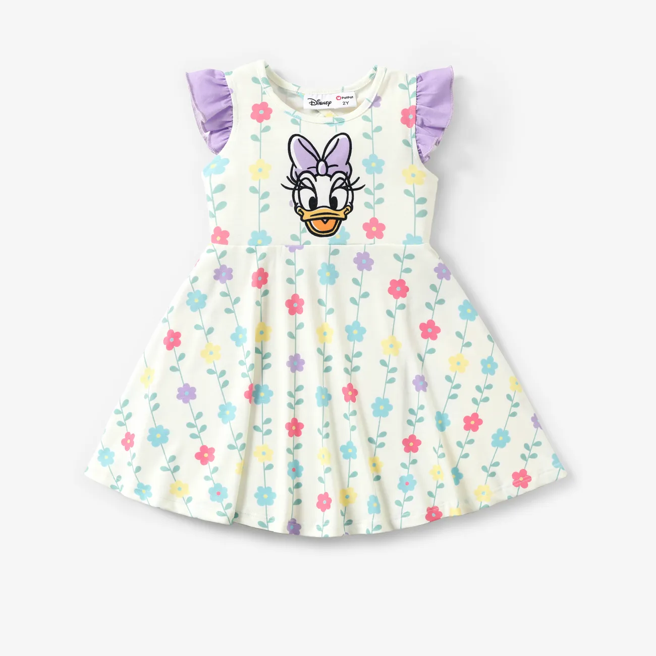 Disney Mickey and Friends 1pc Toddler Girls Naia™ Ruffled-Sleeve Character Print Floral/Strawberry/Heart-shaped Dress
 White big image 1