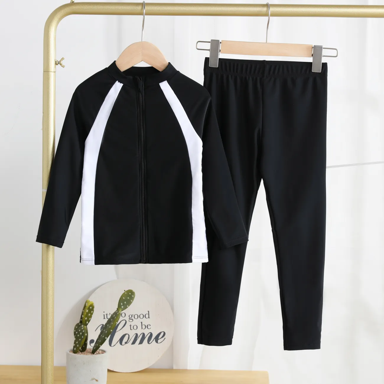 2pc Kid Boy/Girl Sporty Fabric Stitching Swimwear Top and Pants Set  BlackandWhite big image 1