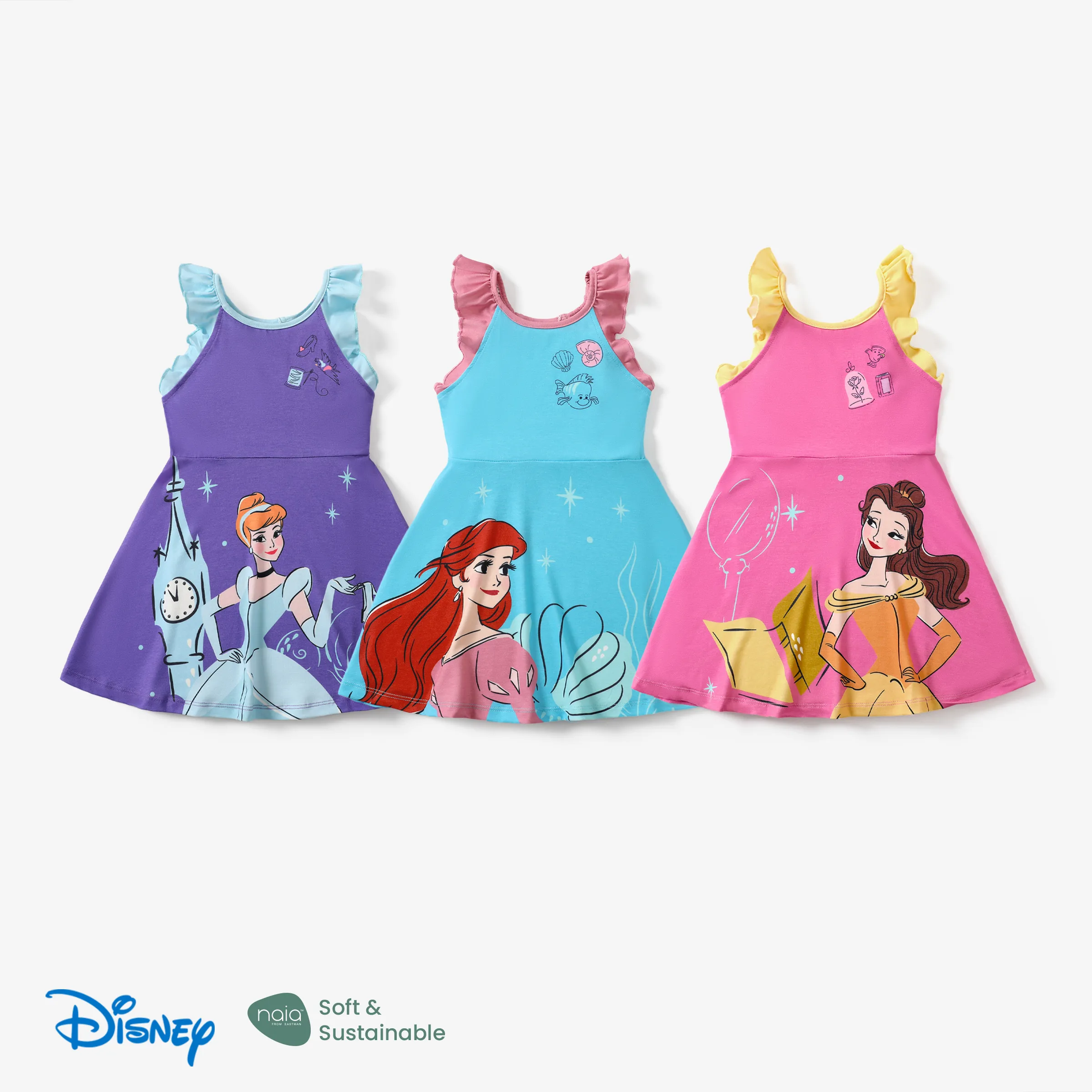 迪士尼米奇和朋友們 1pc 幼兒女孩 Naia™ 荷葉邊袖角色印花花卉/草莓/心形連衣裙