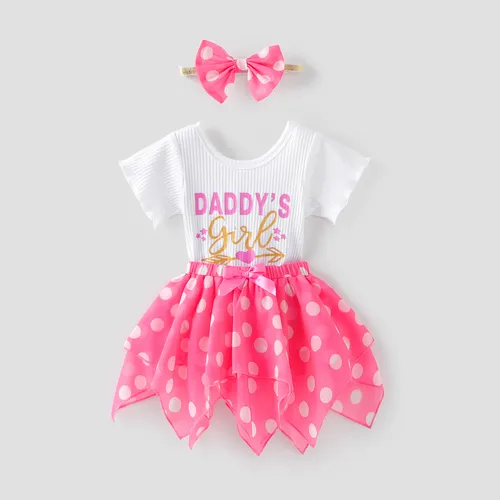 Baby Girl 3pcs Letter Print Romper and Polka dots Skirts and Headband Set