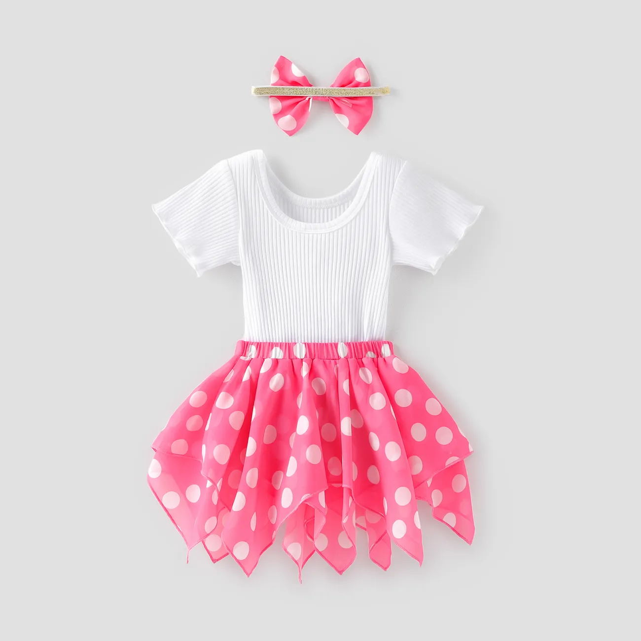 Baby Girl 3pcs Letter Print Romper and Polka dots Skirts and Headband Set White big image 1