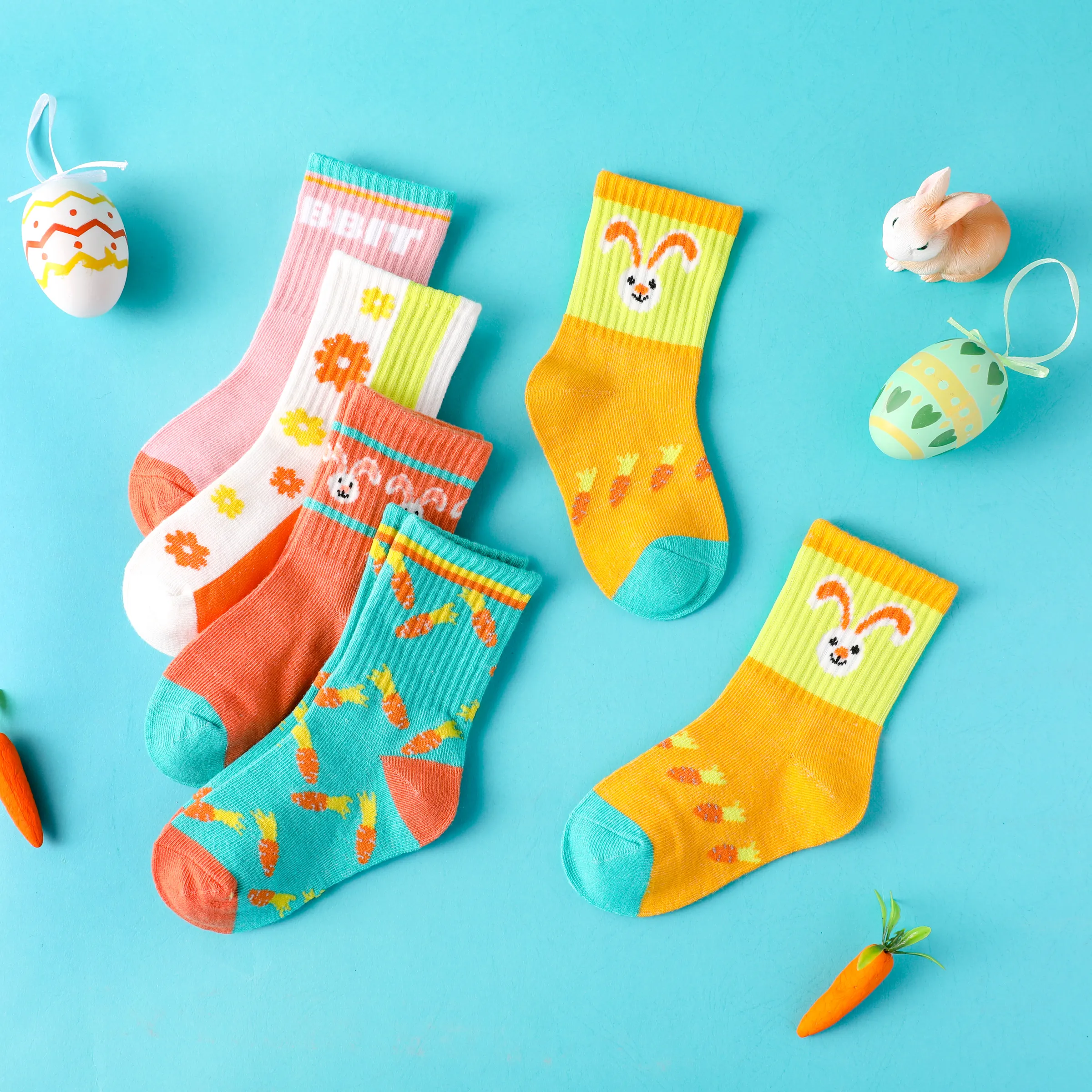 5 件裝幼兒/兒童中小腿襪，帶兔子和花朵圖案