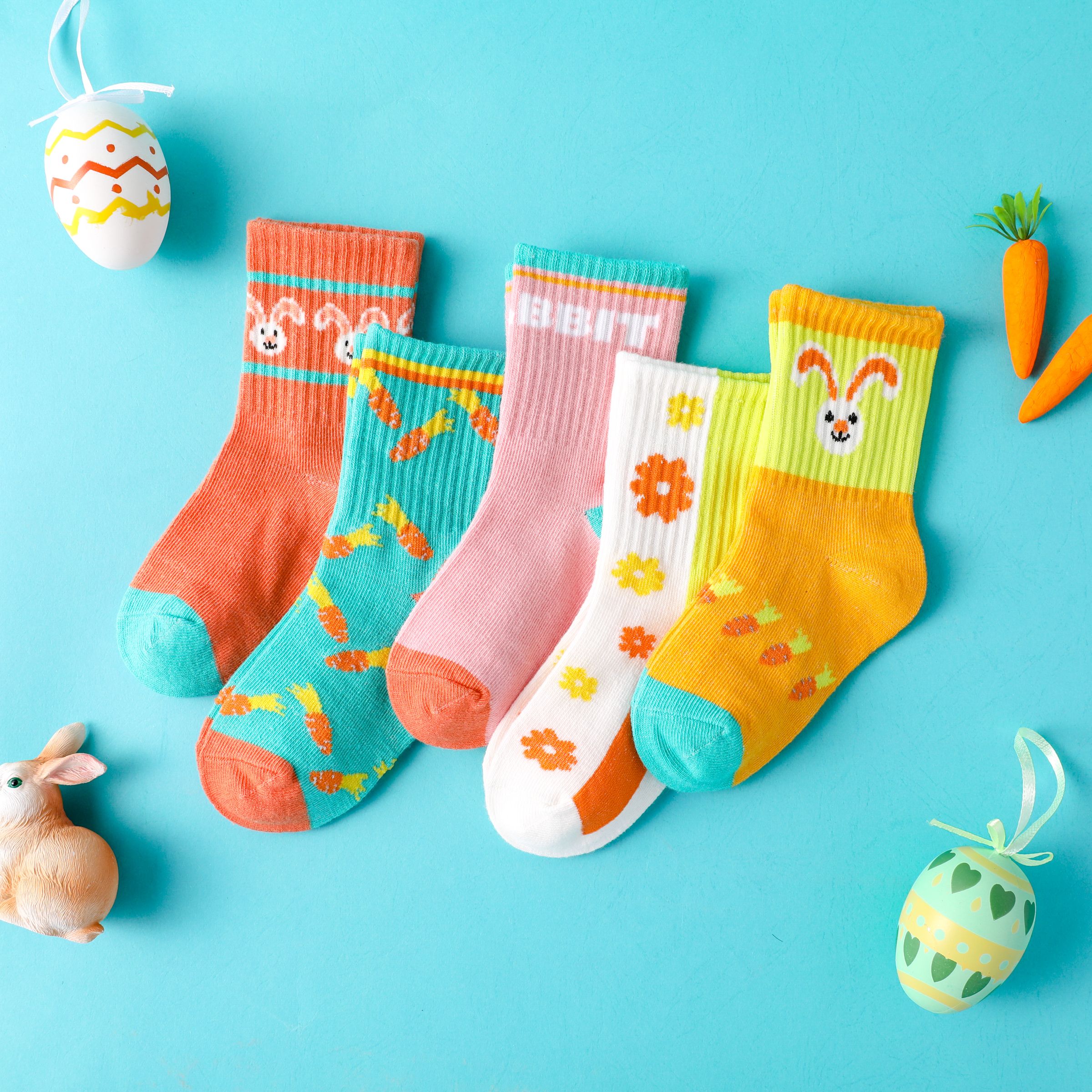 5-pack Toddler/kids Mid-Calf Socks with Rabbit and Flower Pattern