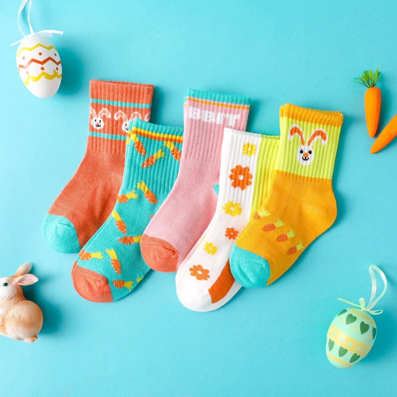 5 عبوات جوارب للأطفال الصغار / الأطفال في منتصف الساق مع نمط أرنب وزهرة متعدد الألوان big image 1