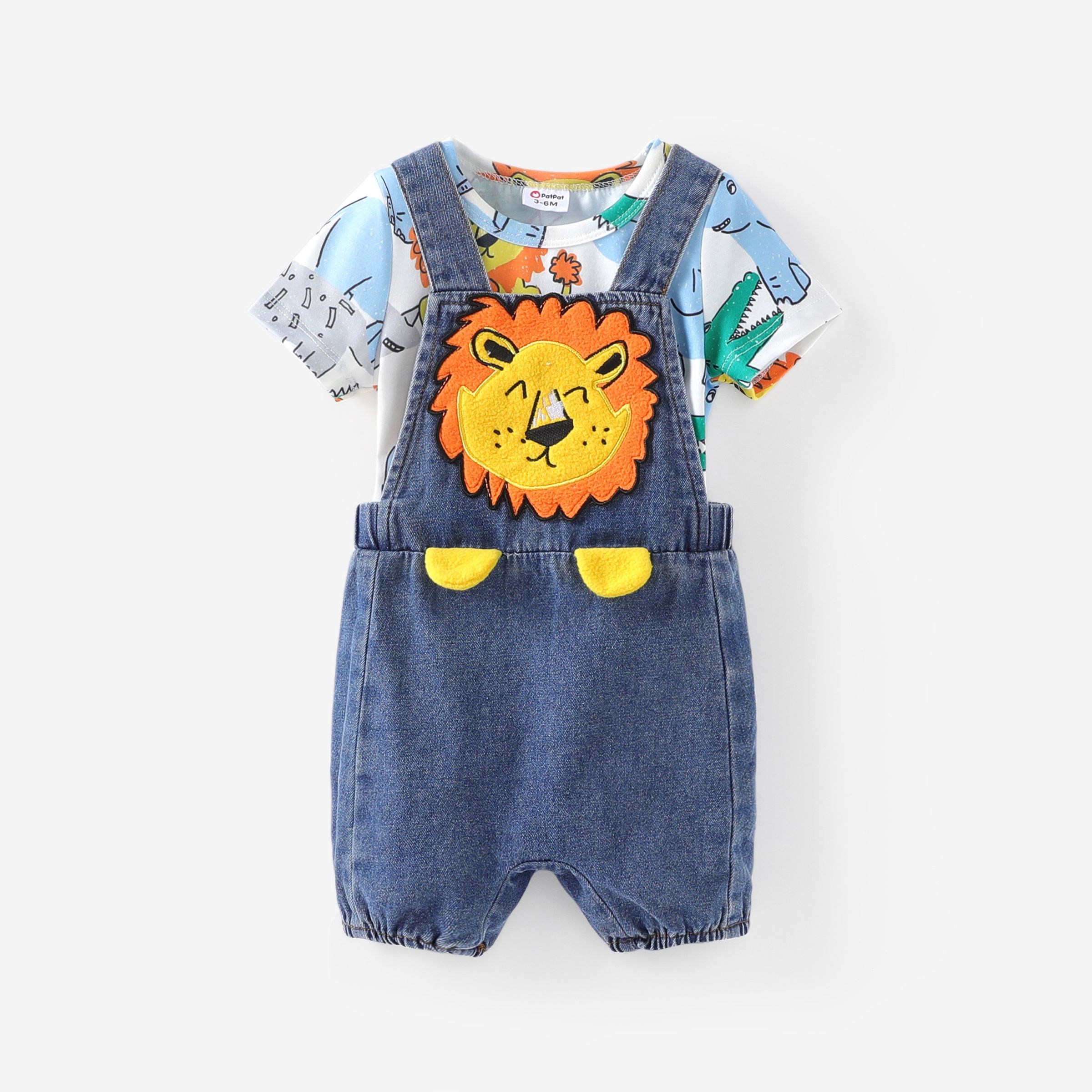 

Baby Boy 2pcs Animal Print Top and Lion Applique Denim Overalls Set/ Socks/ Canvas Shoes
