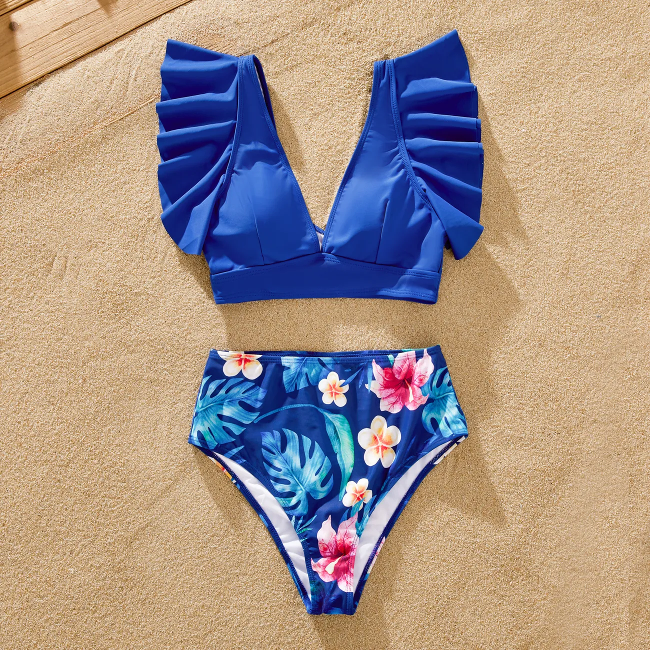 Family Matching Blue Floral Drawstring Swim Trunk or Ruffle Sleeves Bikini Blue big image 1