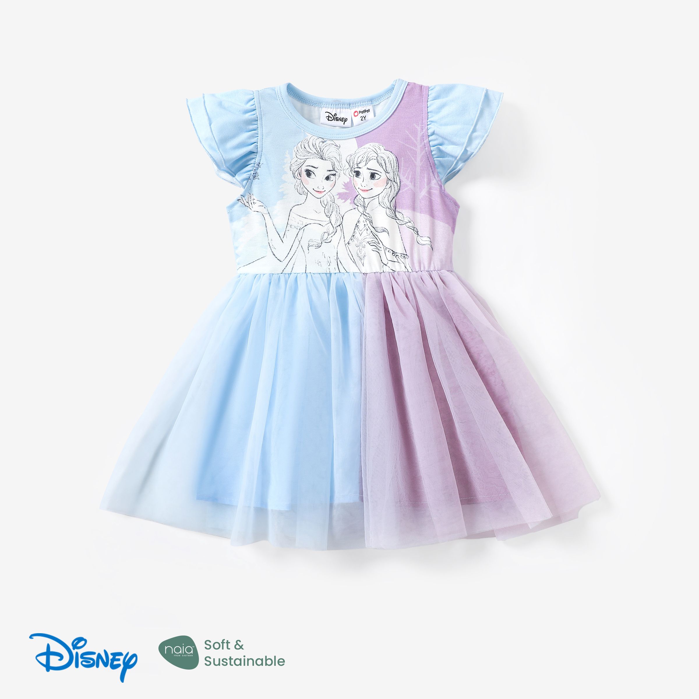 迪士尼冰雪奇緣 Elsa&Anna 1 件裝幼兒女孩角色印花荷葉邊袖薄紗連衣裙