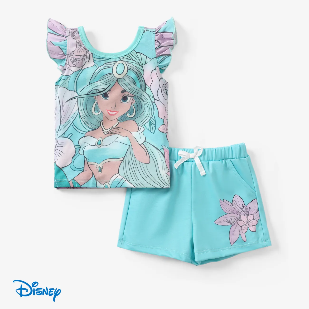  Disney Princess 2pcs Toddler Girls Naia™ Character Floral Print Ruffled Top with Shorts Set Green big image 1