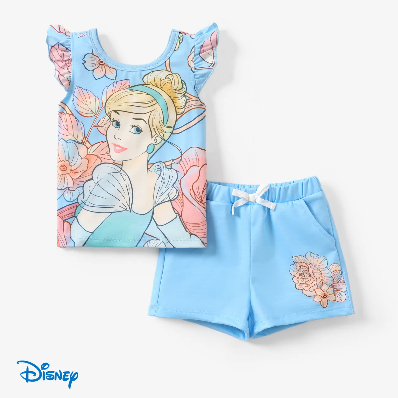  Disney Princess 2pcs Toddler Girls Naia™ Character Floral Print Ruffled Top with Shorts Set Blue big image 1