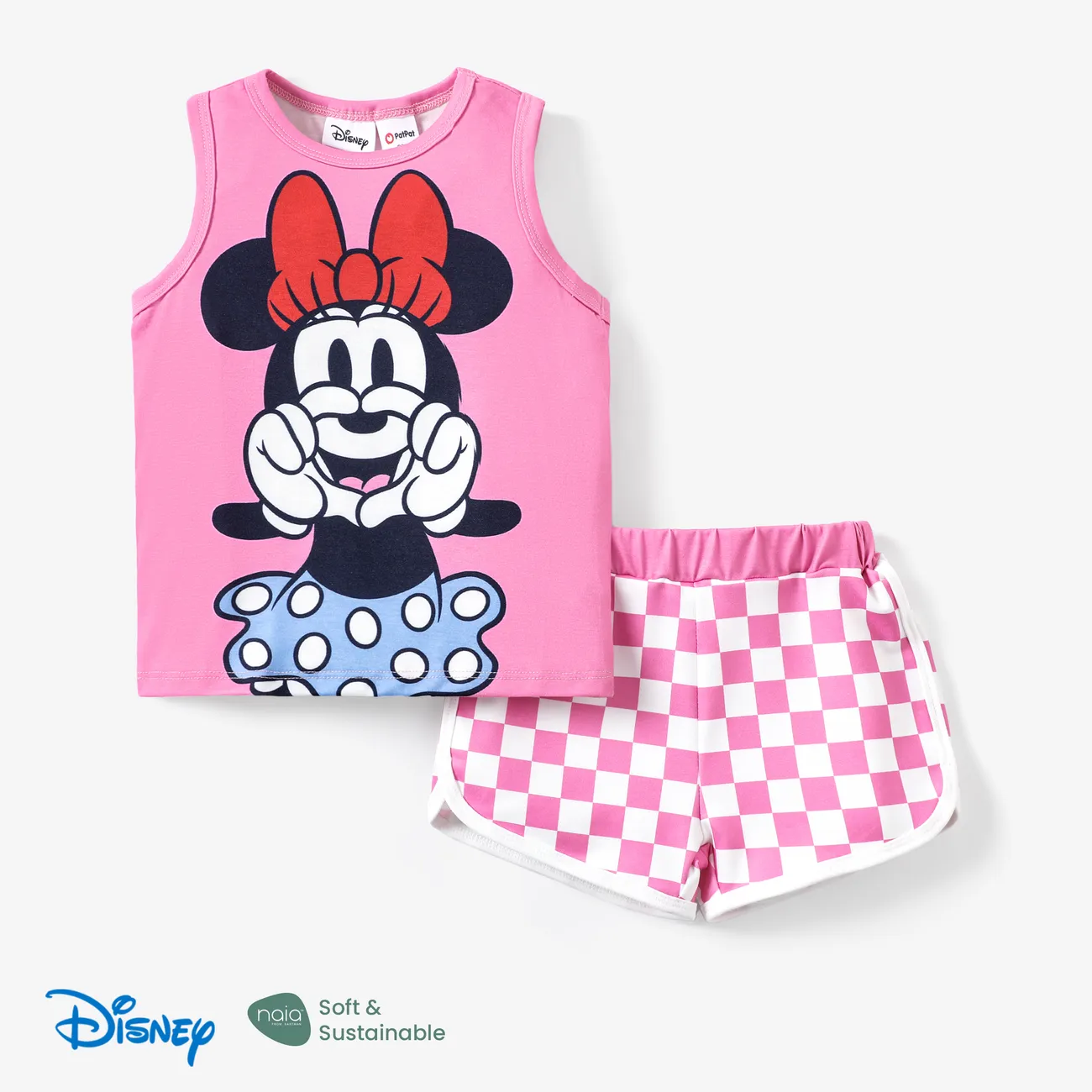 Disney Mickey and Friends 2pcs Toddler Girl/Boy Character Naia™ Print Tank Top with Plaid Shorts Set
 Pink big image 1
