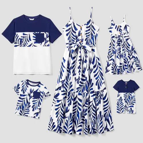 Famille assortie moderne bleu et blanc botanique feuille Design bouton sangle robe et blocs de couleur Tee ensembles