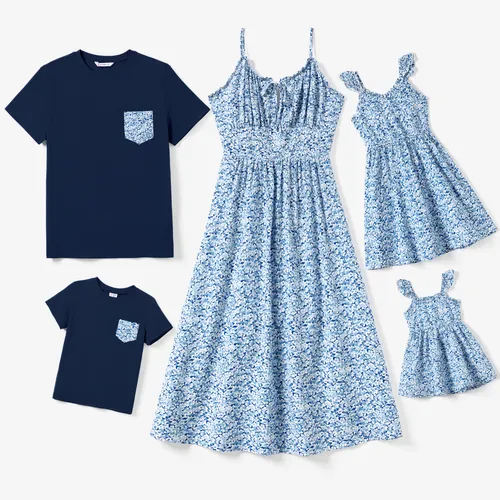 Family Matching Ditsy Floral Split Neck Ruched Bust Strap Dress and Navy Blue Tee Sets