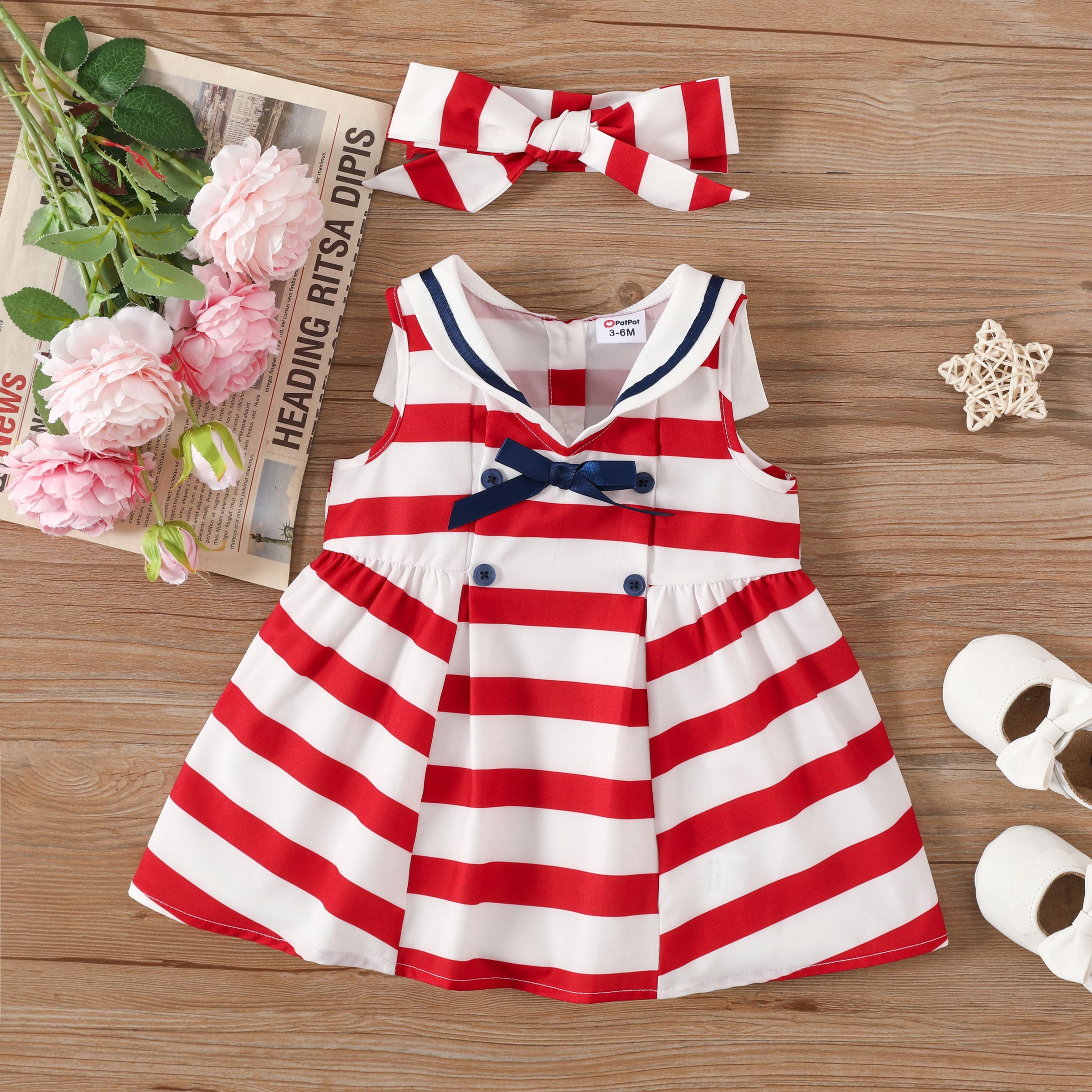Baby Girl 2pcs Striped Sailor Collar Dress and Headband Set